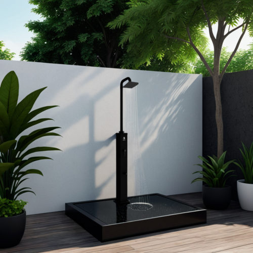 Sined Dino Ducha Solar Exterior Con Base De Aluminio y Tubo De Acero Negro Tanque De 26 Litros Ducha Cuadrada Abs Cabezal Mezclador Lava Pies