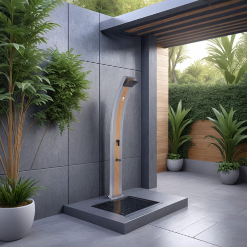 SINED Ducha Solar Gris de Aluminio con Banda Central Color Madera Estructura de 40 Litros Altura 224 cm Para Jardín y Piscina con Mezclador y Ducha Cuadrada Modelo Ella