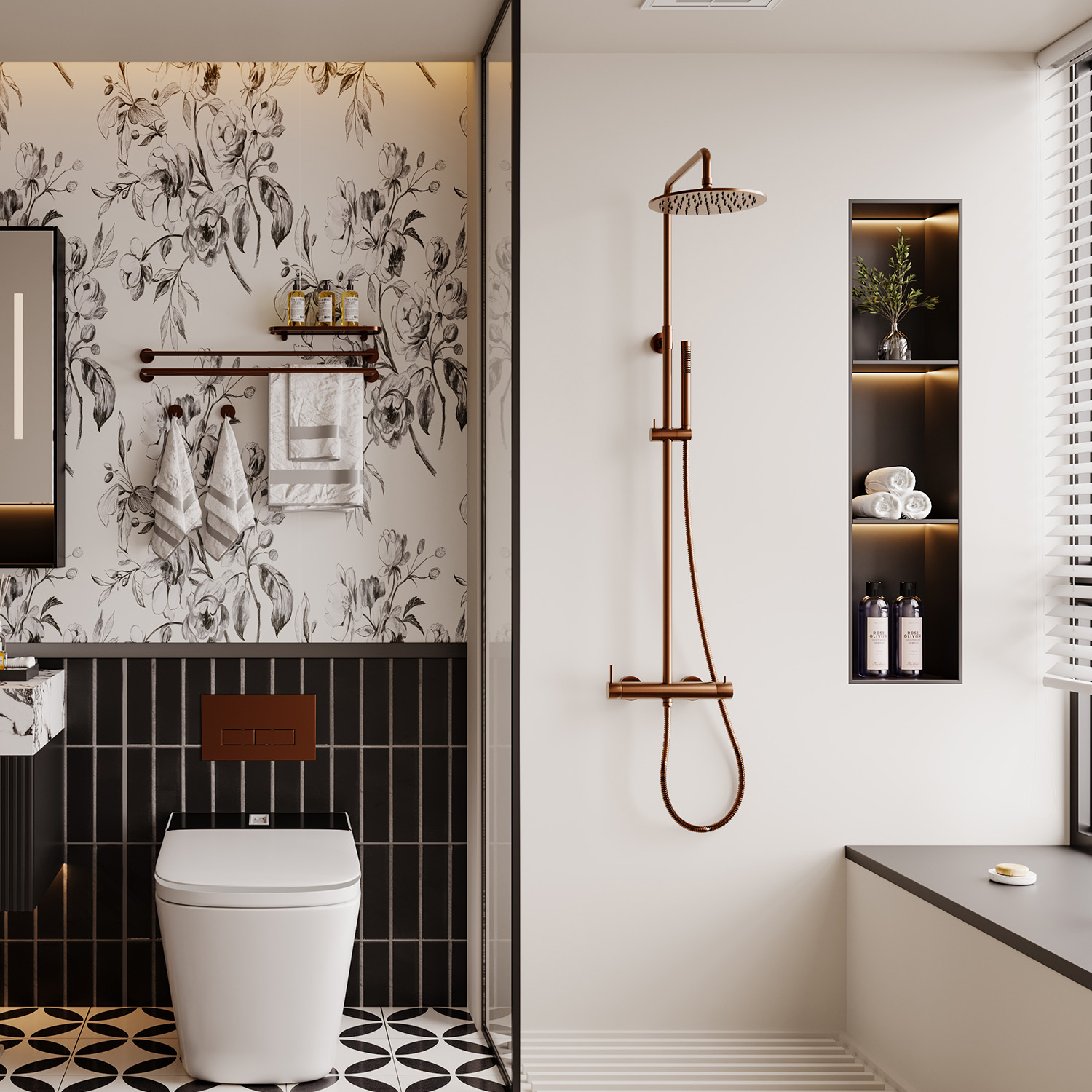 DOCCIA-PARETE-LEVANTE-ORO-ROSA-ambientata DOCCIA-PARETE-LEVANTE-ORO-ROSA<br>