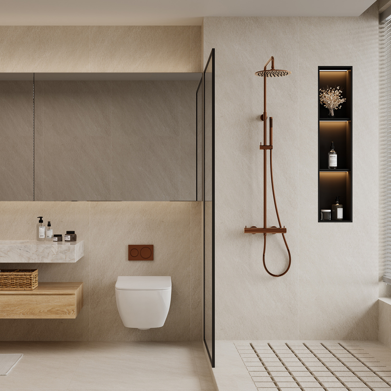 DOCCIA-PARETE-LEVANTE-TERMOSTATICA-ORO-ROSA-ambientata DOCCIA-PARETE-LEVANTE-TERMOSTATICA-ORO-ROSA<br>