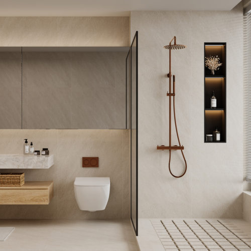 Sistema de ducha pared color canón en acero inoxidable 316L con termostato - Oro rosa