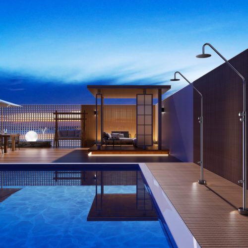 Ducha de acero 316 en color acero resistente y con grifo de 2 vías