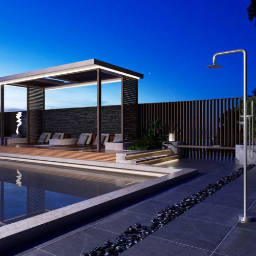 Cascada para piscina en acero 316 color acero con monocomando y decorativa