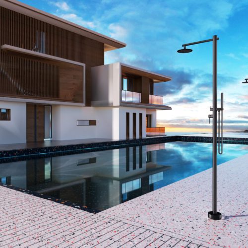 Ducha negra en acero inoxidable 316 ideal para piscina o jardín con base