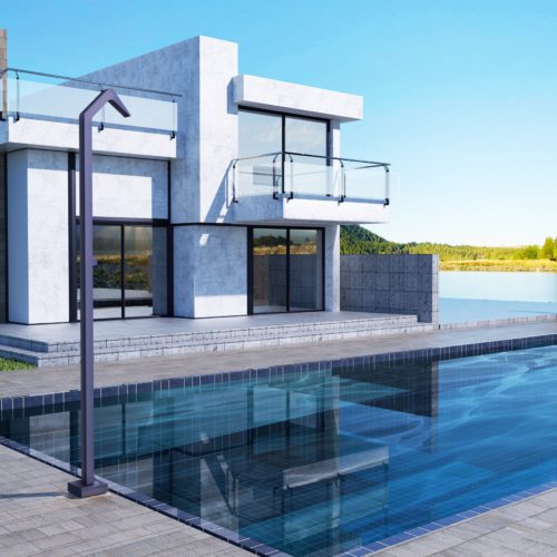 Ducha piscina azul en acero inoxidable 316 con difusor de cascada