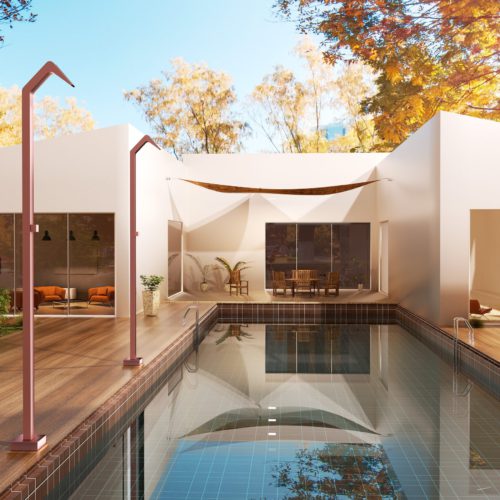 Ducha de piscina en acero 316 color rosa coral diseno con cascada