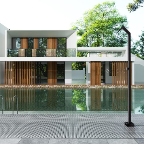 Ducha de piscina negra en acero inoxidable 316 con cascada y grifo dual