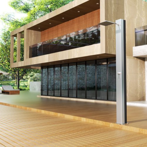 Ducha de piscina en acero 316 gris con grifería monomando y difusor cuadrado