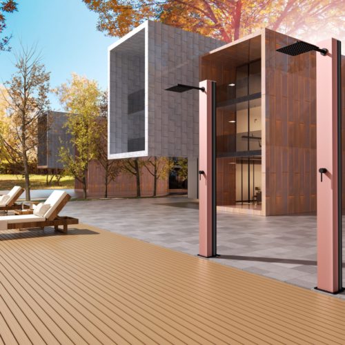 Ducha de acero 316 en rosa coral y negro mate para piscina elegante