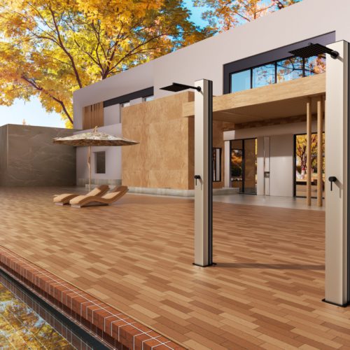 Ducha solar de piscina beige en acero S316 con tanque de 39 litros