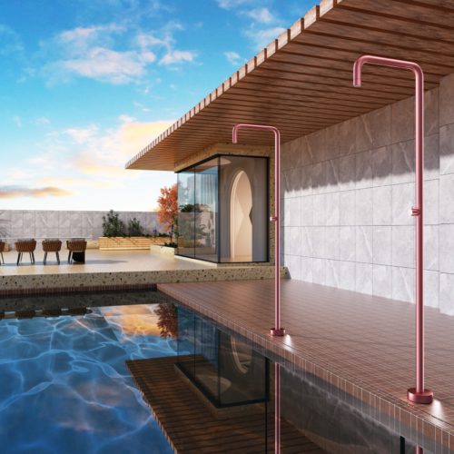 Ducha de piscina rosa en acero 316 con difusor anticalcare y monomando