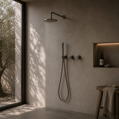 Kit ducha empotrado pared acero inox 316L color canón rociador 25 cm
