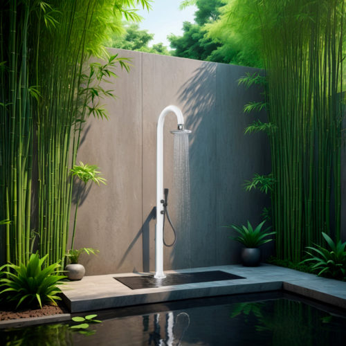 SINED Ducha Jardín de Aluminio Blanca con ducha de mano mezclador Temperatura Fríocaliente y alcachofa LED Doble Conexión Lateral e inferior Para Interior o Exterior LUNA-ALU-D-BIANCA-LED