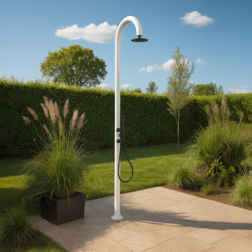 SINED Ducha Jardín Blanca de Aluminio con ducha de mano Agua Caliente y Fría Alcachofa Antical Doble Conexión Inferior y Lateral Ideal para Interiores o Exteriores Modelo LUNA ALU D BIANCA