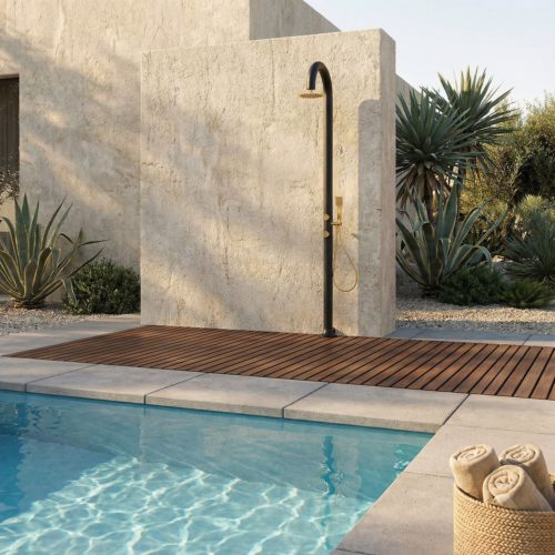 SINED Ducha de Aluminio Negra y Dorada con ducha de mano Móvil para Agua Caliente y Fría Ducha Superior Redonda Antical Doble Conexión Inferior y Lateral Para exteriores LUNA ALU D NERA ORO