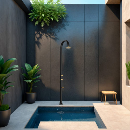 SINED Ducha de Aluminio Negro y Dorado con Rociador Circular y Boquillas Antical Doble Conexión Agua fría o caliente Para uso interior y exterior Modelo LUNA ALU NERA ORO