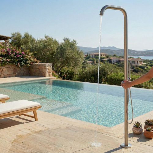 Ducha piscina-jardín inox acero inoxidable 316L con mezclador y rociador mano